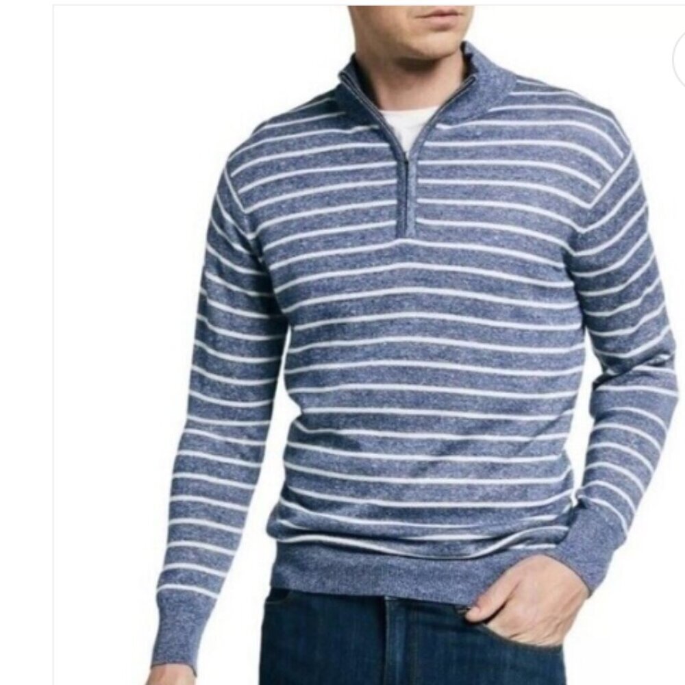 Peter Millar Merino Wool Linen Blend Striped 1/4 Zip Knit Sweater Size XL EUC